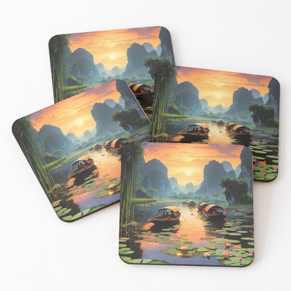 Item preview, Lotus flowers in a lake, Vietnam at dawn during sunrise with boats travelling scenic illustration design  designed and sold by Meena-tta.
