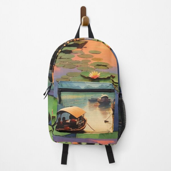 Item preview, Lotus flowers in a lake, Vietnam at dawn during sunrise with boats travelling scenic illustration design designed and sold by Meena-tta.