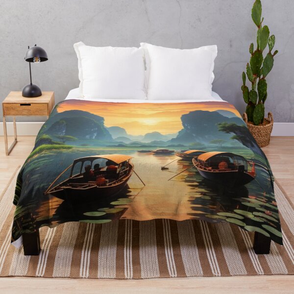 Item preview, Lotus flowers in a lake, Vietnam at dawn during sunrise with boats travelling scenic illustration design  designed and sold by Meena-tta.