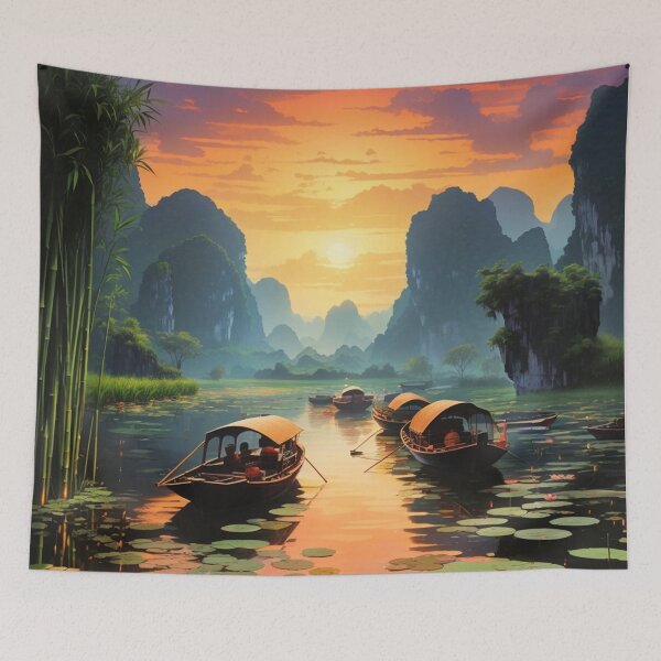 Item preview, Lotus flowers in a lake, Vietnam at dawn during sunrise with boats travelling scenic illustration design  designed and sold by Meena-tta.