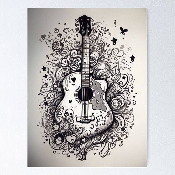 Item preview, "Emo Themed Silhouette Design: Sketch Doodle Guitar Inspiration" designed and sold by CyberCollective.