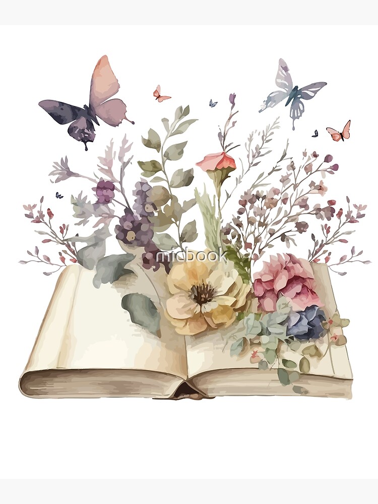 Open book with flowers and butterflies watercolor - book lover