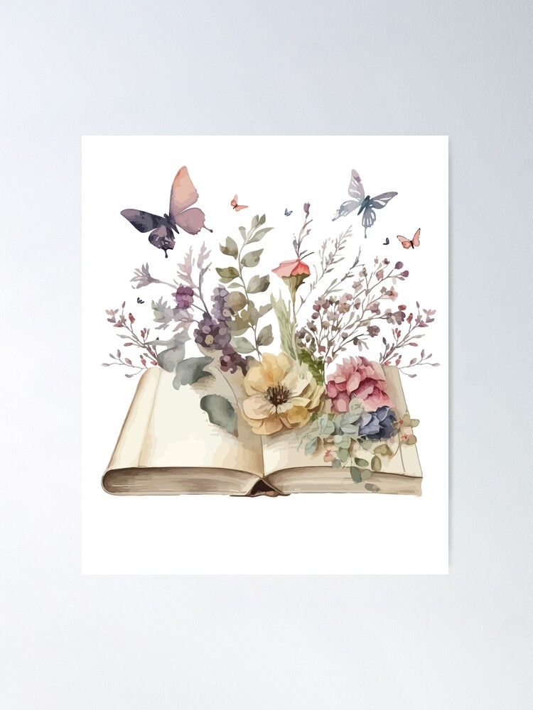Open book with flowers and butterflies watercolor - book lover