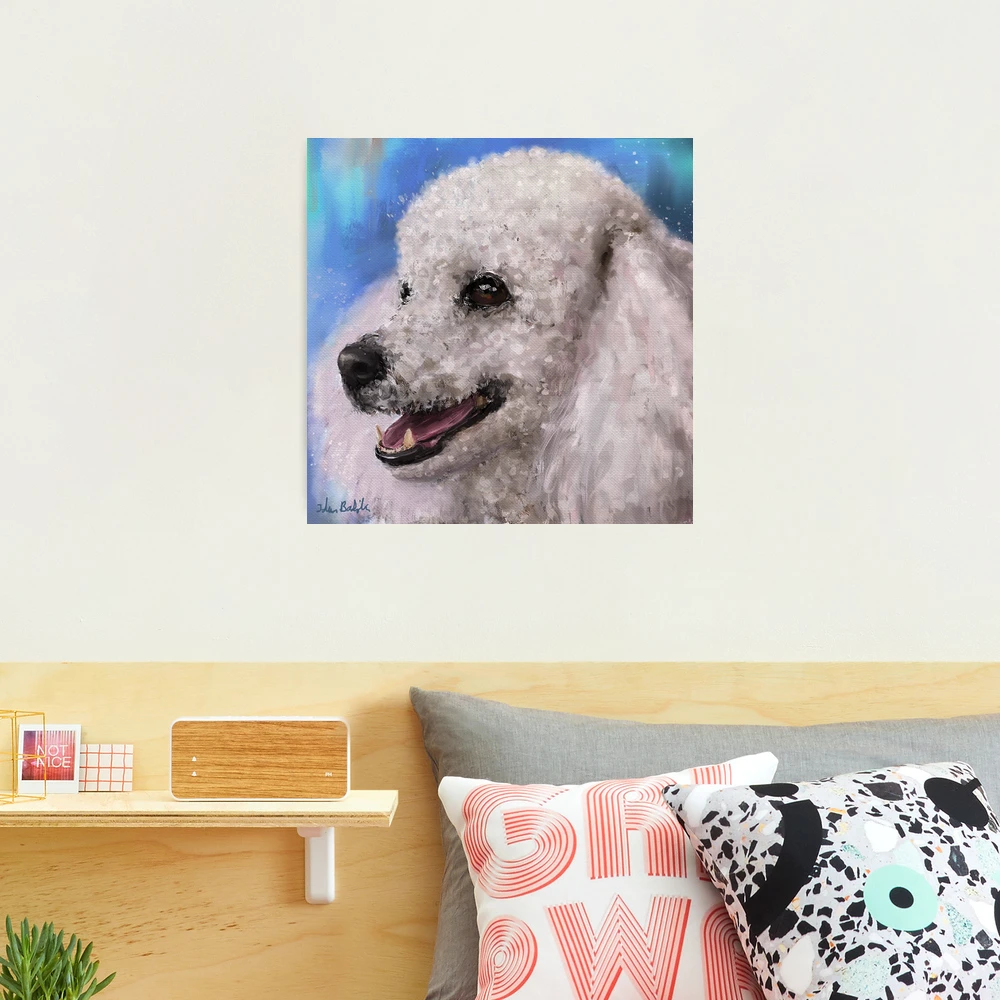 Smiling Poodle popular Original Acrylic Painting framed, 7x10 Hand Painted Frame, Happy White Poodle Art Dog Portrait, California Landscape, Mernie