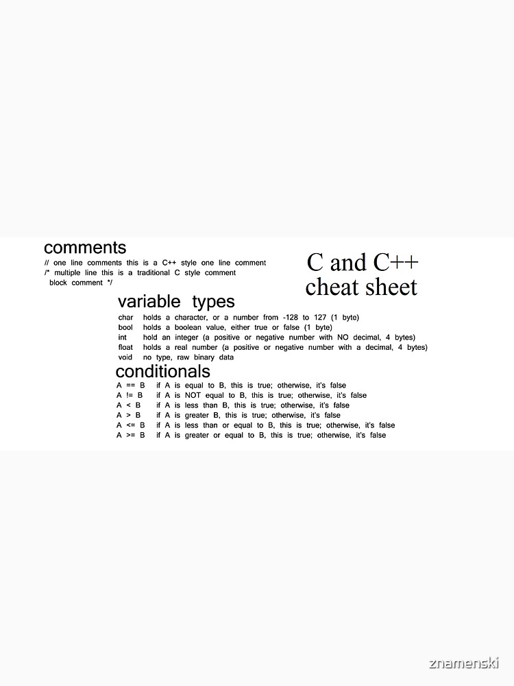C and C++ Cheat Sheet, C, C++, Cheat, Sheet, comments, variable types, conditionals by znamenski