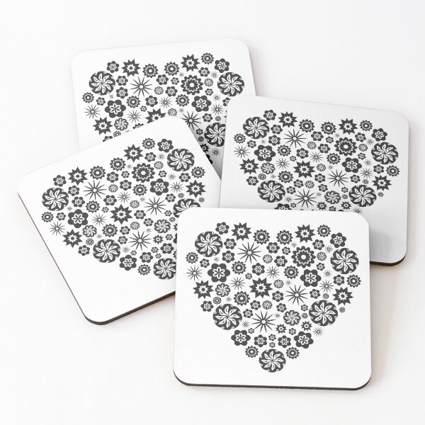 Item preview, Large Heart made of Multiple Flowers and Stars - Black and White Variation - Retro designed and sold by WinfinityDesigns.
