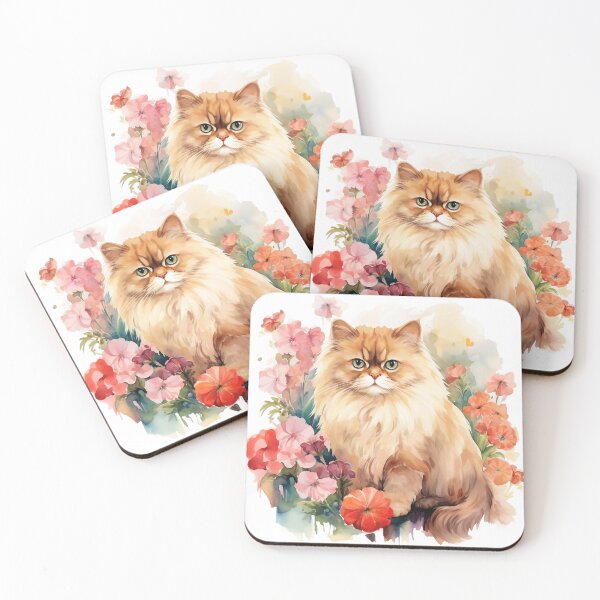 Item preview, a watercolor Persian cat in the garden, warm color palette, pink flowers and green color designed and sold by ENTERBOX.