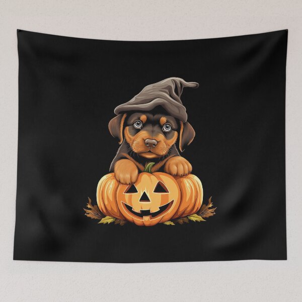 Item preview, Halloween Rottweiler Puppy Spooky Pumpkin Witch Hat Autumn designed and sold by VermintStudio.