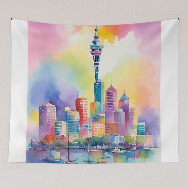 Item preview, Auckland skyline skycity watercolor designed and sold by Places On Earth.