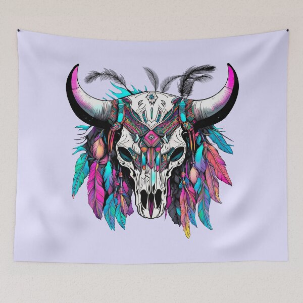 Item preview, Boho futuristic skull with vibrant neon colors designed and sold by SkullsToGo.
