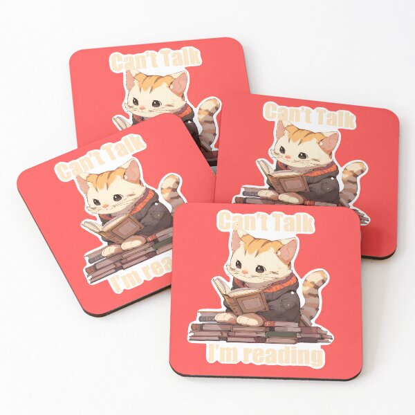 Item preview, Can't Talk I'm Reading Calico Cat Book Square Sticker Art with Red Background designed and sold by ZEESDESIGN.