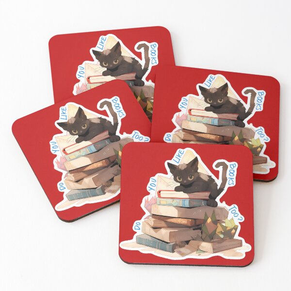 Item preview, Do You Like Books Too? Black Kitten Library Square Sticker Art With Red Background designed and sold by ZEESDESIGN.