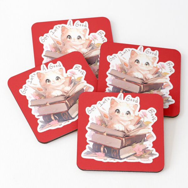 Item preview, Get Into A Good Book | Cats for the Win Square Sticker Art Red Background by ZeesDesign designed and sold by ZEESDESIGN.