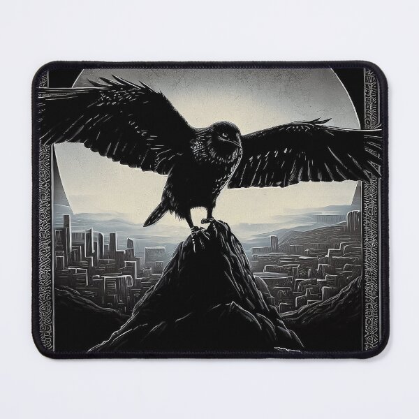 Item preview, Raven on the against the backdrop of the dark fantasy mystical city and silver moon designed and sold by TomFrontierArt.