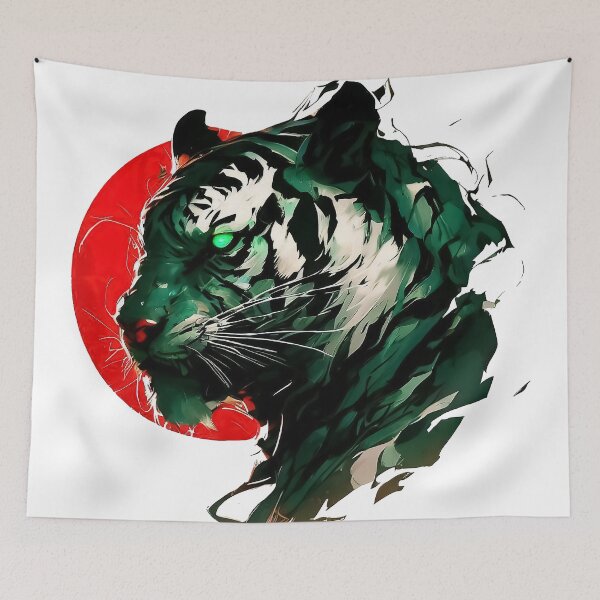 Item preview, Green tiger head abstract on red sun digital art designed and sold by TomFrontierArt.