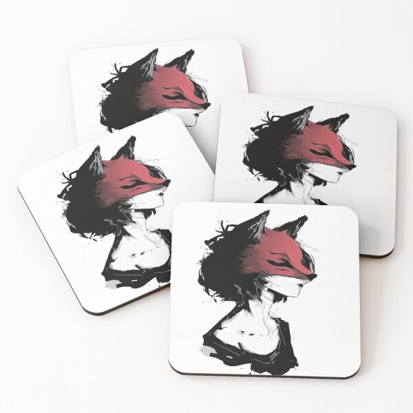 Item preview, Woman in a red fox mask black white ink drawing anime art designed and sold by TomFrontierArt.