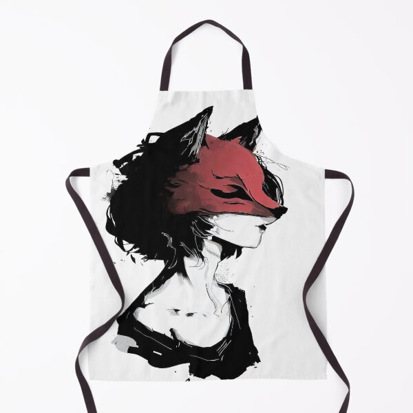 Item preview, Woman in a red fox mask black white ink drawing anime art designed and sold by TomFrontierArt.
