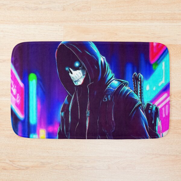 Item preview, Spooky skull face in hood with backpack in neon city designed and sold by TomFrontierArt.