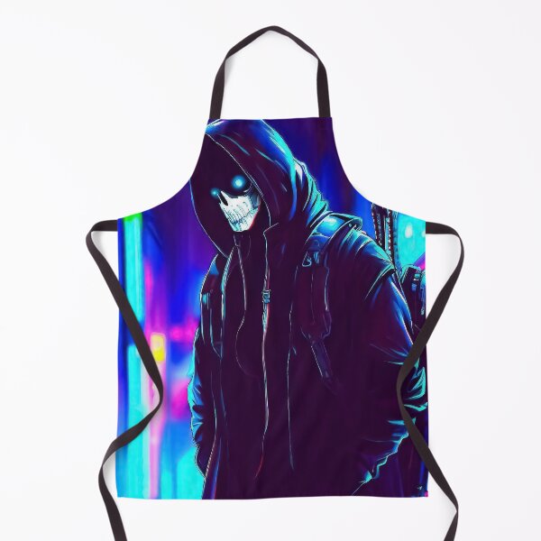 Item preview, Spooky skull face in hood with backpack in neon city designed and sold by TomFrontierArt.