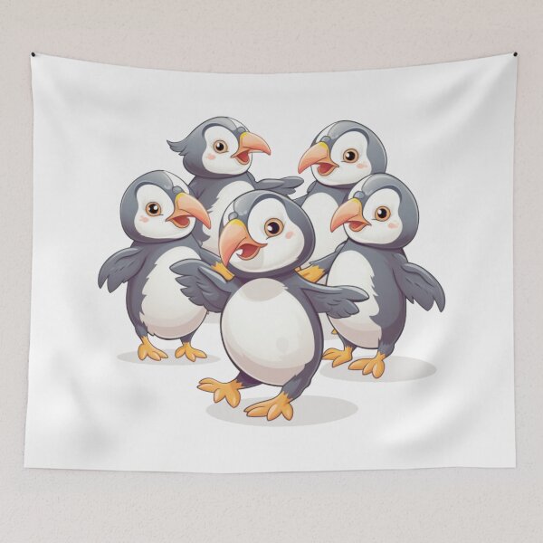 Item preview, a group of cute puffins dancing together (white background) designed and sold by Tabuku.