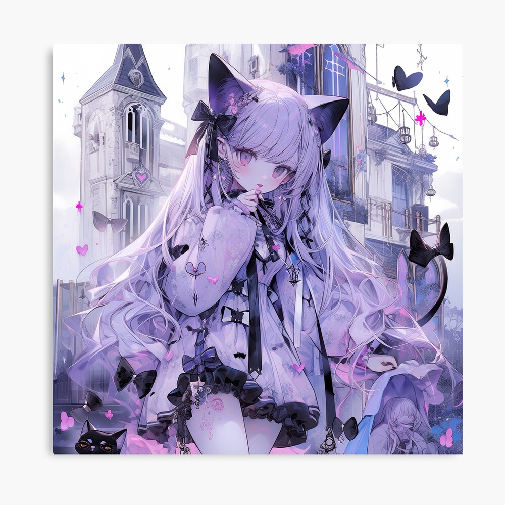 Kawaii Purple Neko Anime Girl and Castle