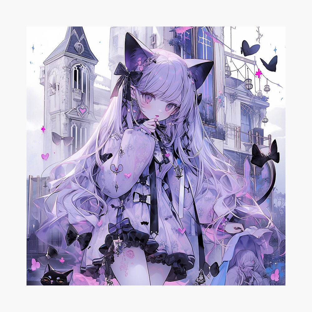 Kawaii Purple Neko Anime Girl and Castle