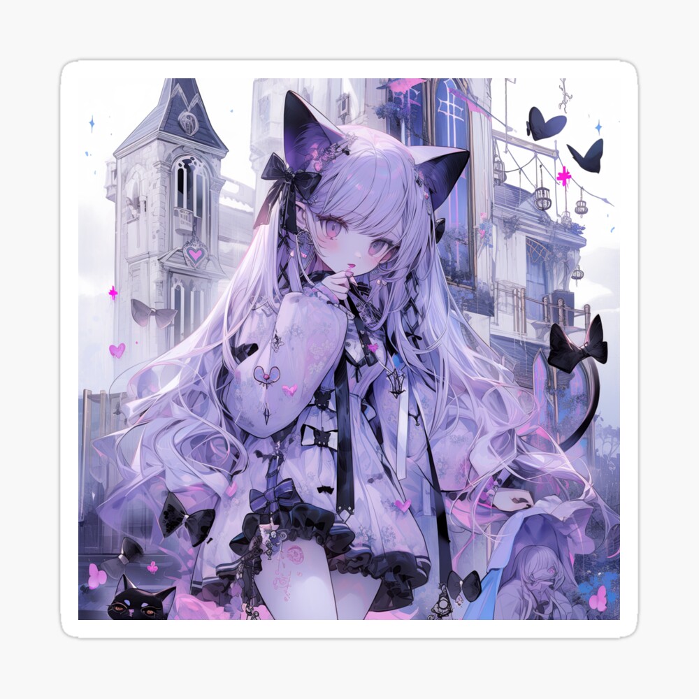 Kawaii Purple Neko Anime Girl and Castle