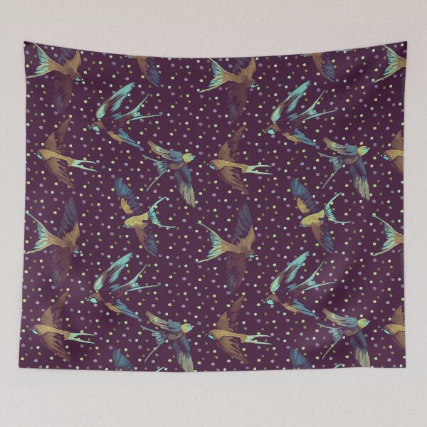 Item preview, Swallows & Dots - Dark Purple & Turquoise designed and sold by Motifany.