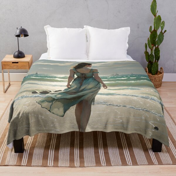 Aperçu de l'œuvre Fille sur une plage cozy en face des vagues créée et vendue par Momopunk3000.