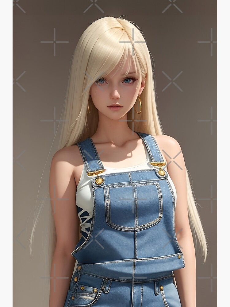 Pretty Blonde Girl Wearing Denim Jeans Overalls