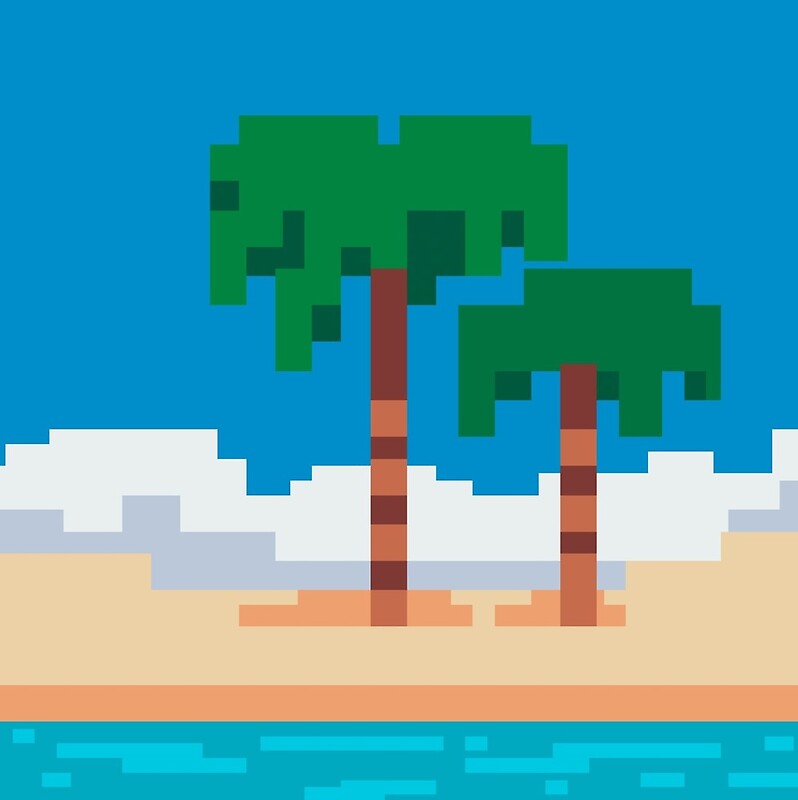 island life. island. palm trees. tropical. blue ocean. ocean. beach. pixel art...