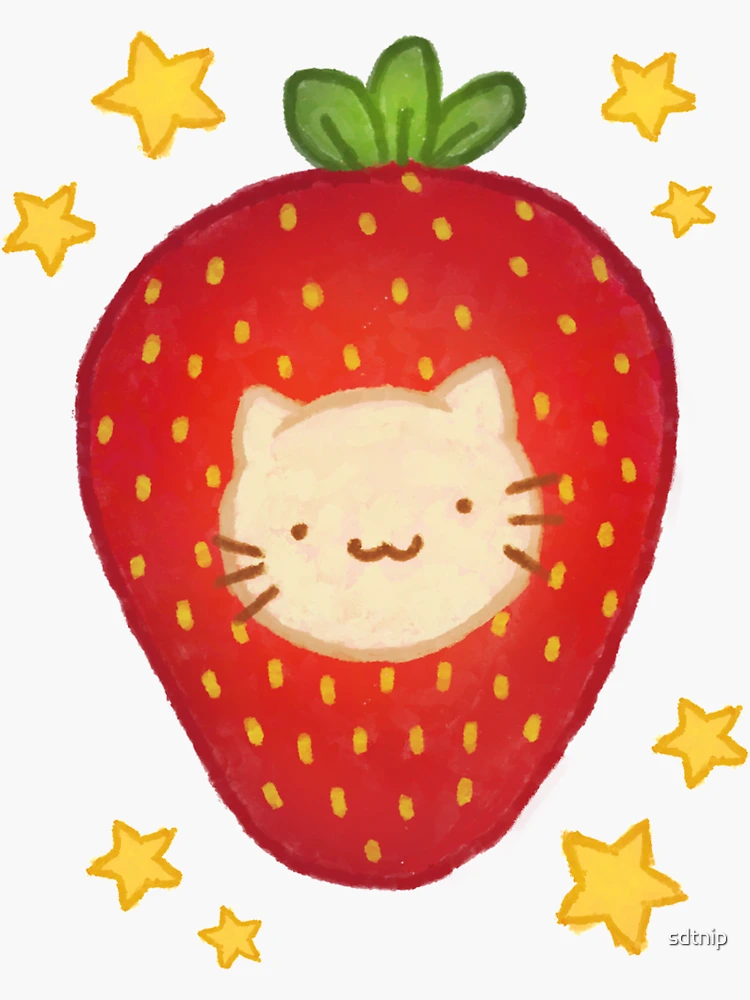 Cute Strawberry Cat Sticker, Silly Fruit Kitty Sticker Gift for