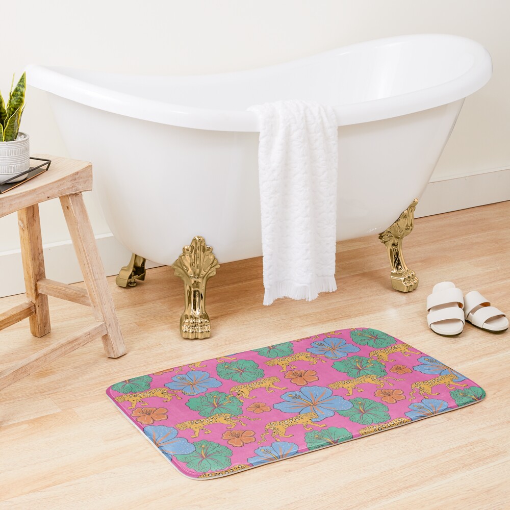 Discover Leopards and Tropical Flowers - Pink | Bath Mat