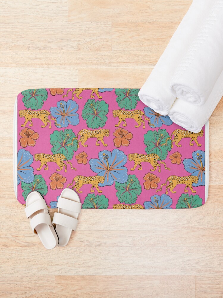 Disover Leopards and Tropical Flowers - Pink | Bath Mat