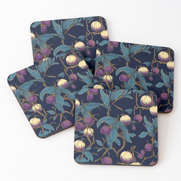 Item preview, Plum tree branches with plums on a dark blue background – FRUITS PATTERN 01 designed and sold by MadamPaperHazel.