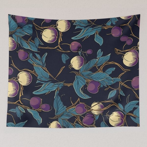 Item preview, Plum tree branches with plums on a dark blue background – FRUITS PATTERN 01 designed and sold by MadamPaperHazel.
