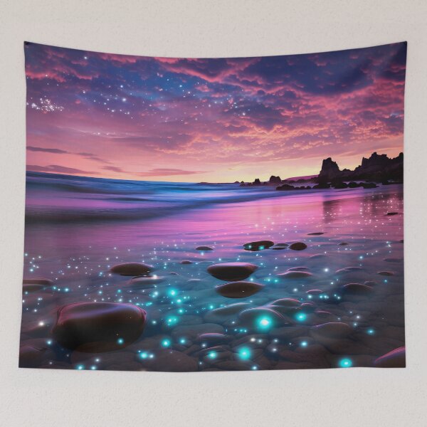 Item preview, Otherworldly beach and seascape with gemstones at sunset designed and sold by Art by Lilia.