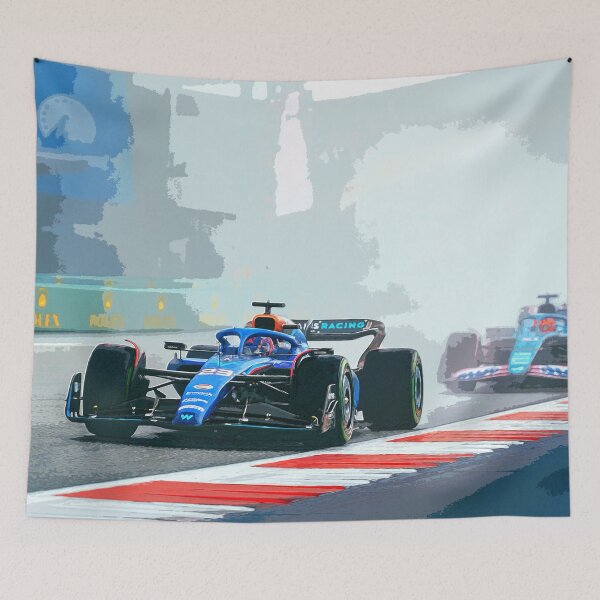 Item preview, Alexander Albon racing in the rain with Esteban Ocon in his spray 2023 designed and sold by Rodissimus1984.