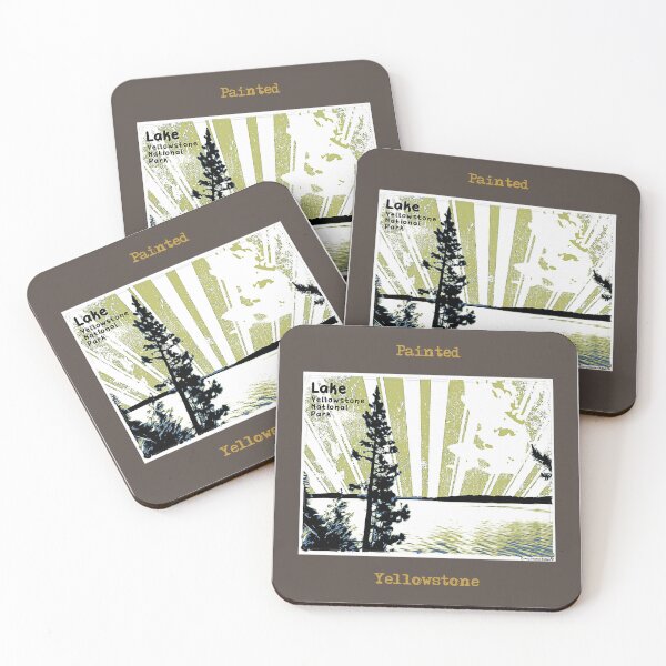 Item preview, Retro Yellowstone Lake oil paint image in yellow and green designed and sold by SmyrnaBuffalo.