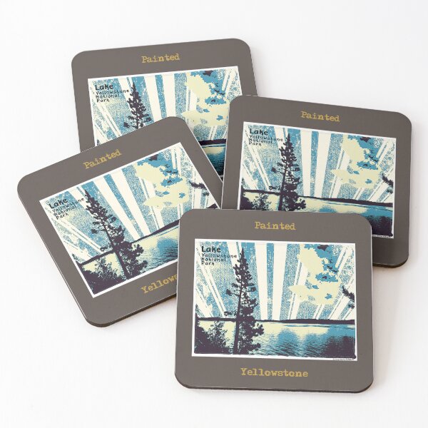 Item preview, Retro Yellowstone Lake oil paint image in blue and yellow designed and sold by SmyrnaBuffalo.