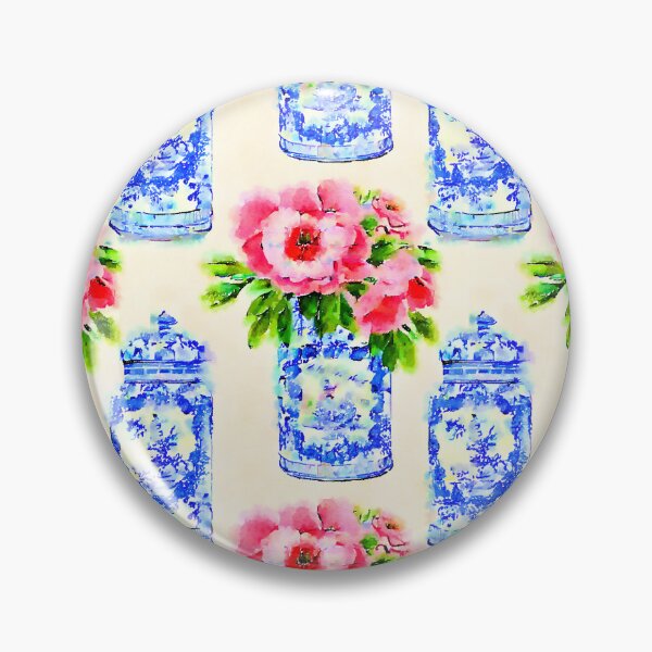 Item preview, Pink daisies in blue and white chinoiserie jars designed and sold by SophieClimaArt.