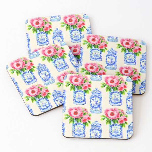 Item preview, Pink daisies in blue and white chinoiserie jars designed and sold by SophieClimaArt.