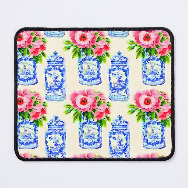 Item preview, Pink daisies in blue and white chinoiserie jars designed and sold by SophieClimaArt.