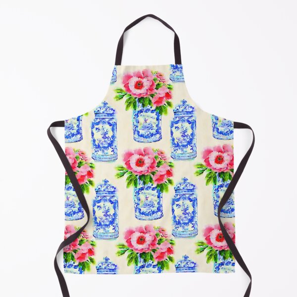 Item preview, Pink daisies in blue and white chinoiserie jars designed and sold by SophieClimaArt.