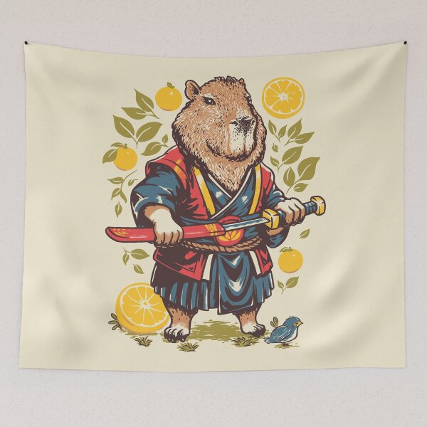 Item preview, Capybara  Orange | Samurai Capy Slicing an Yuzu with Katana | Capybara with Orange on Head | His Name - Gort | Portrait designed and sold by Any Color Designs.