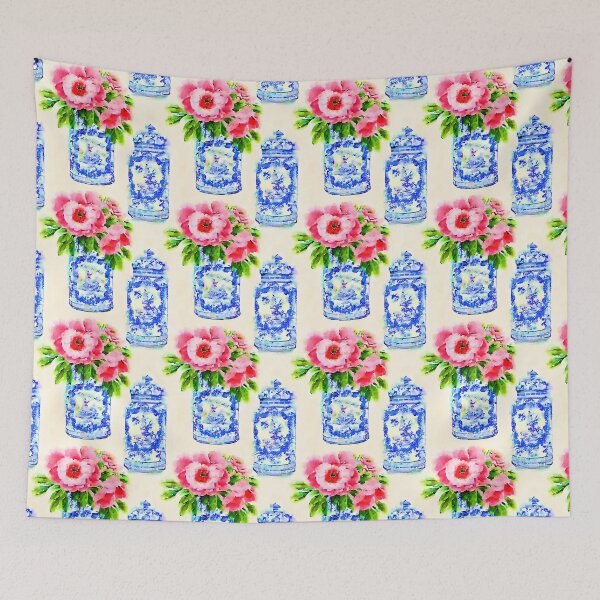 Item preview, Pink daisies in blue and white chinoiserie jars designed and sold by SophieClimaArt.