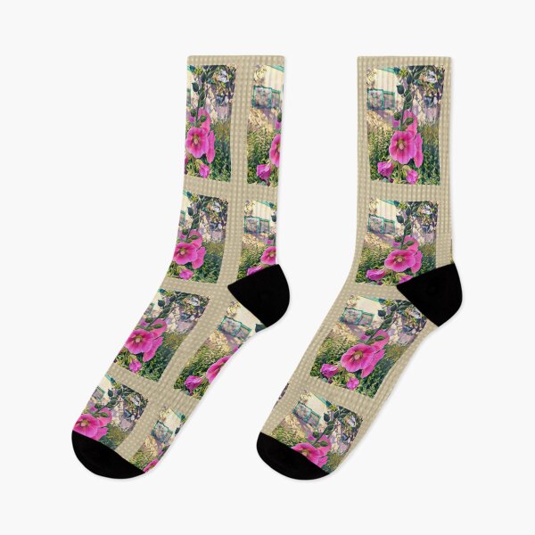 Item preview, Mid Century Modern Garden with Hollyhocks  designed and sold by oh-bi-me.