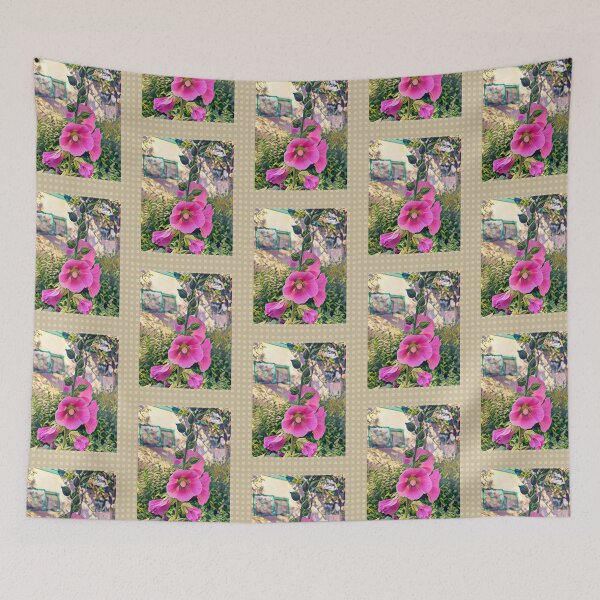 Item preview, Mid Century Modern Garden with Hollyhocks  designed and sold by oh-bi-me.