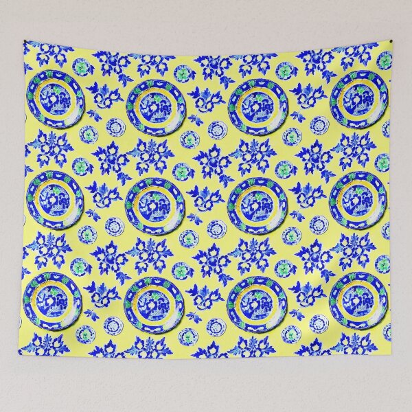 Item preview, Blue and white plates on yellow Majolica style designed and sold by SophieClimaArt.