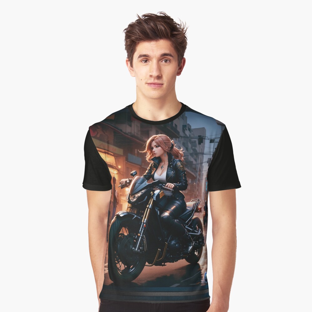 Portrait Of Vivina-Sofia Anime Girlboss Biker Babe On Her Brassia X150 Beautiful AI Concept Art by Xzendor7 Graphic T-Shirt